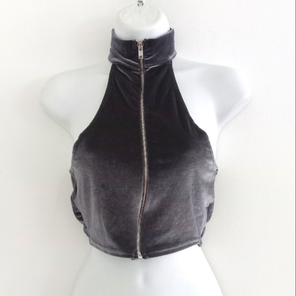 Missguided Gray Velvet Zippered Front Mock Crop Top